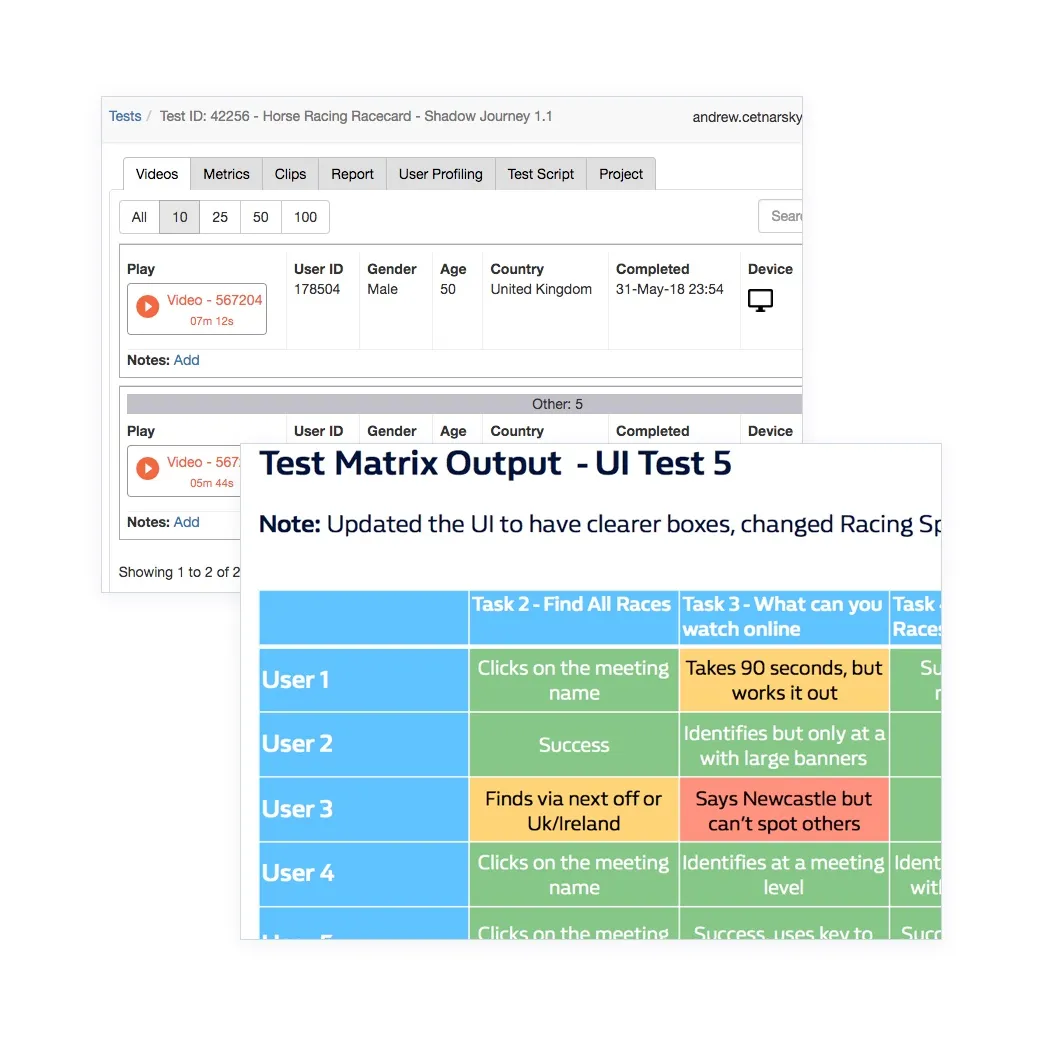 User testing feedback snapshots